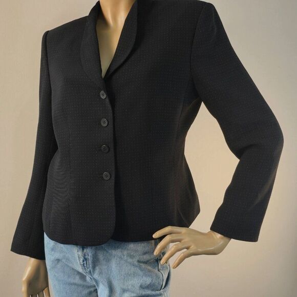Le Suit Petite Career Blazer Jacket Black Pink Swiss Dots 4 Button Sz 10P - Picture 1 of 11